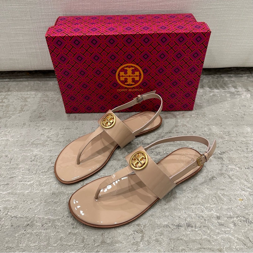 Tory Burch Benton 2 Flat Thong Sandal in Goan Sand and Brass